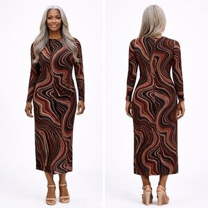 Nine West NWT Long Sleeve Swirl Midi Dress Multicolor Stretch Knit Sizes 1X & 3X